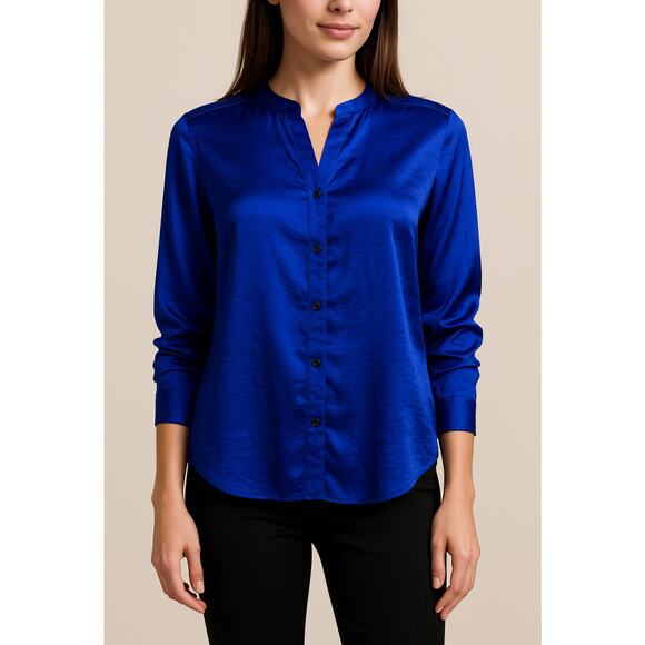 Kenneth Cole NY Blue Satin Blouse Women’s Small Button Front Long Sleeve Shirt - Picture 1 of 9